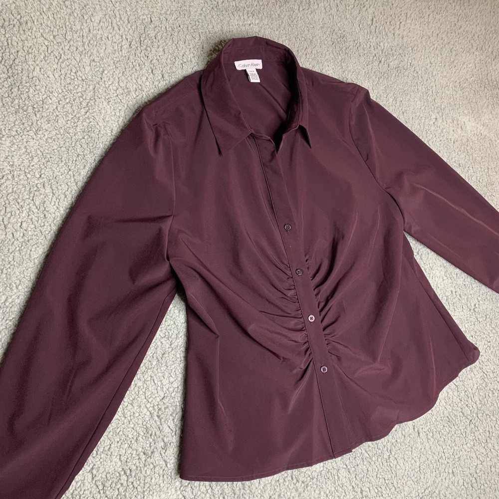 Calvin Klein L Women Purple Long Sleeve Button Up Collared Shirt Ruched Gem Tone - Picture 5 of 8